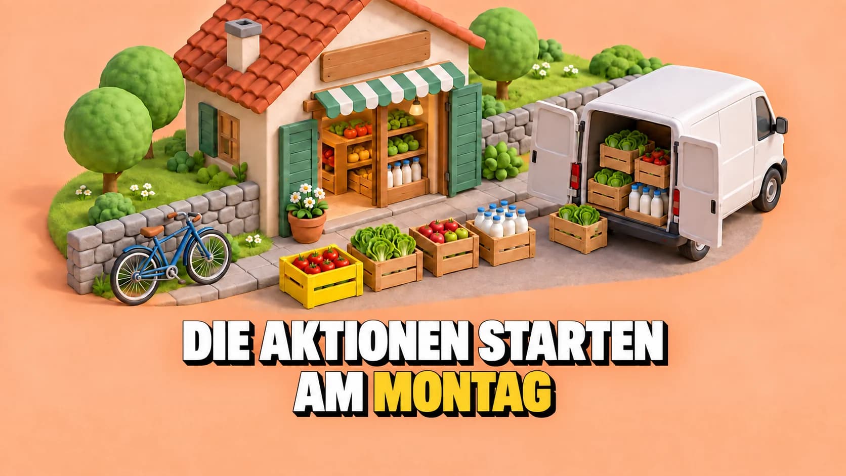 Knet-Diorama eines Dorfladens mit offenem Lieferwagen und Gemüsekisten, darunter eine gelbe.