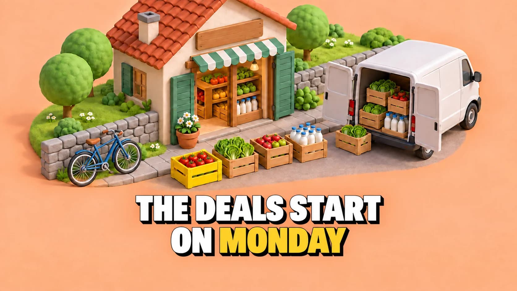 Clay village-shop diorama with an open van and produce crates, including one yellow crate.