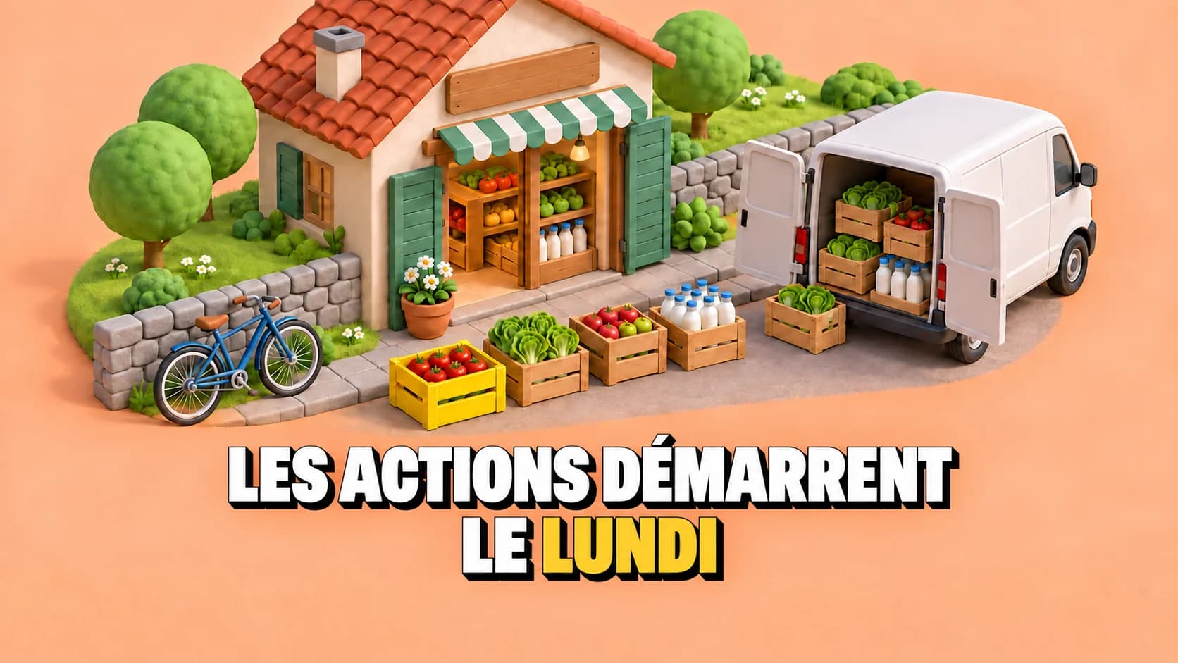 Diorama d'une épicerie de village avec camionnette ouverte et caisses, dont une jaune.