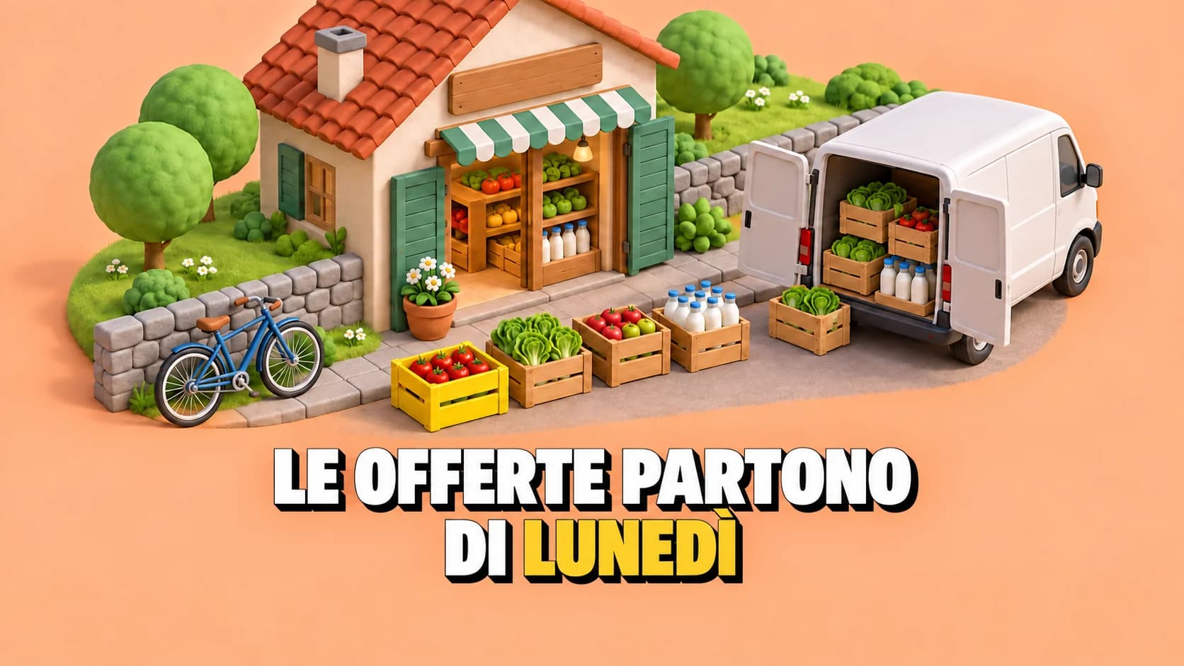 Diorama isometrico in stile plastilina: un negozio di villaggio con furgone aperto e casse di frutta e verdura sul marciapiede, una cassa è gialla.