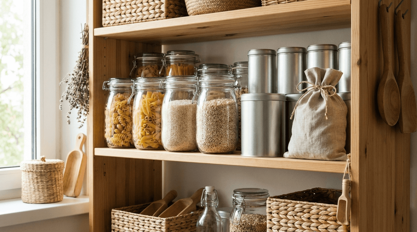 Tidy pantry shelf with jars of pasta, rice and tins: stockpiling shelf-stable goods on promotion saves, steered by a price alert in Rappn.