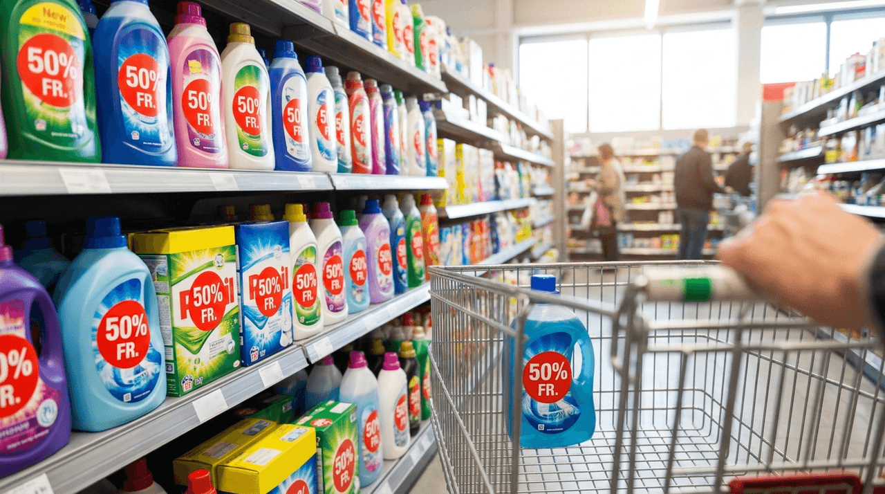 Laundry detergent deals in Switzerland: brands like Persil and Ariel regularly at deep discounts, compare price per wash