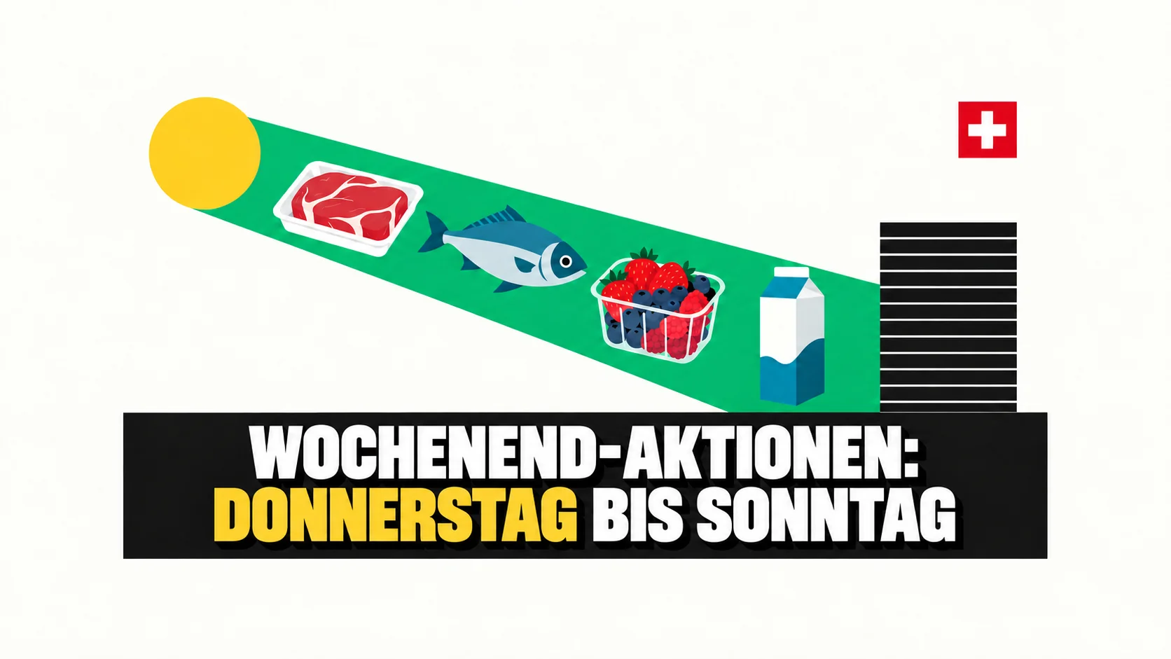Flache Grafik: ein diagonales Band startet bei einem gelben Kreis, trägt vier frische Produkte und endet an einem geschlossenen Rollladen.