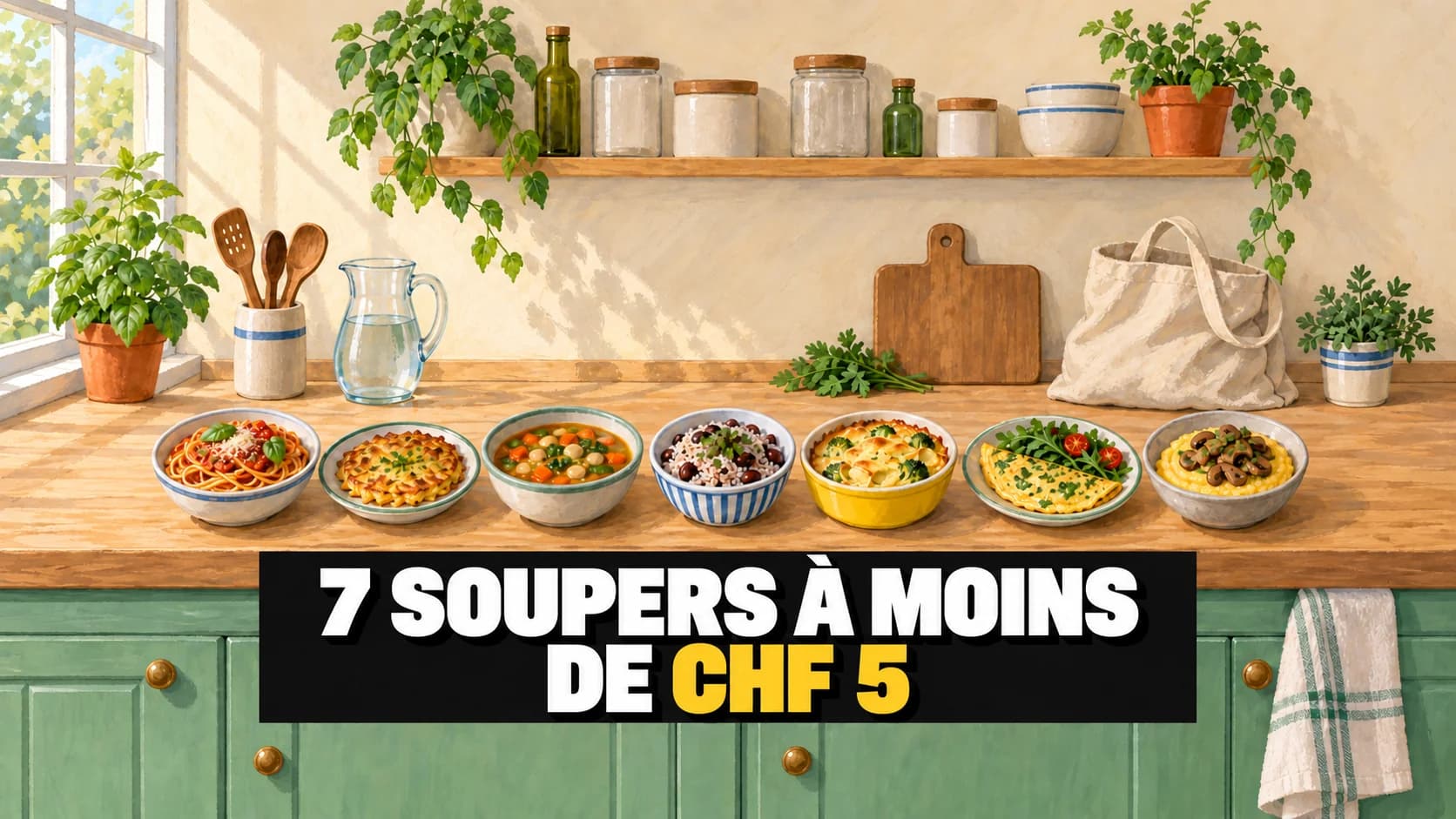 Illustration à la gouache : sept bols alignés sur un plan de travail, chacun garni d’un souper différent.