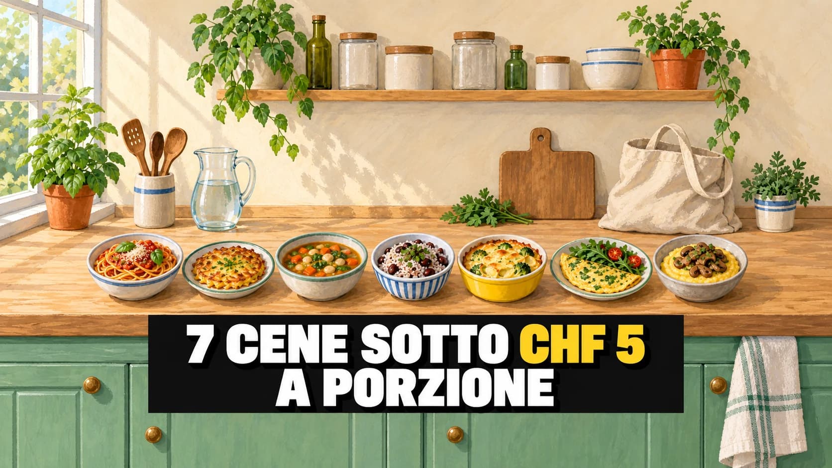 Illustrazione a gouache: sette ciotole in fila su un piano di cucina, ognuna con una cena diversa.