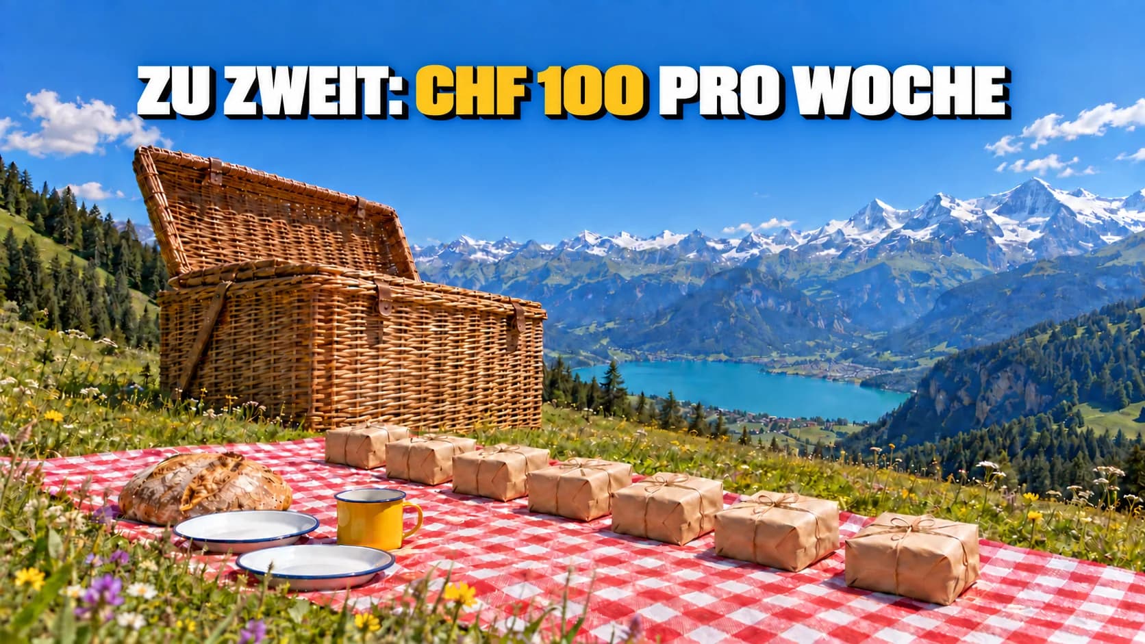 Riesiger Picknickkorb auf einer Alpwiese, davor ein kariertes Tuch mit sieben kleinen Päckchen in einer Reihe.