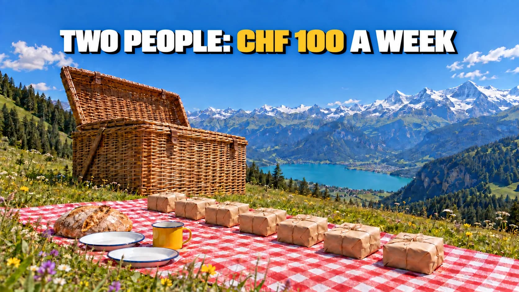 A giant picnic basket in an alpine meadow with a checked cloth in front holding seven small parcels in a row.