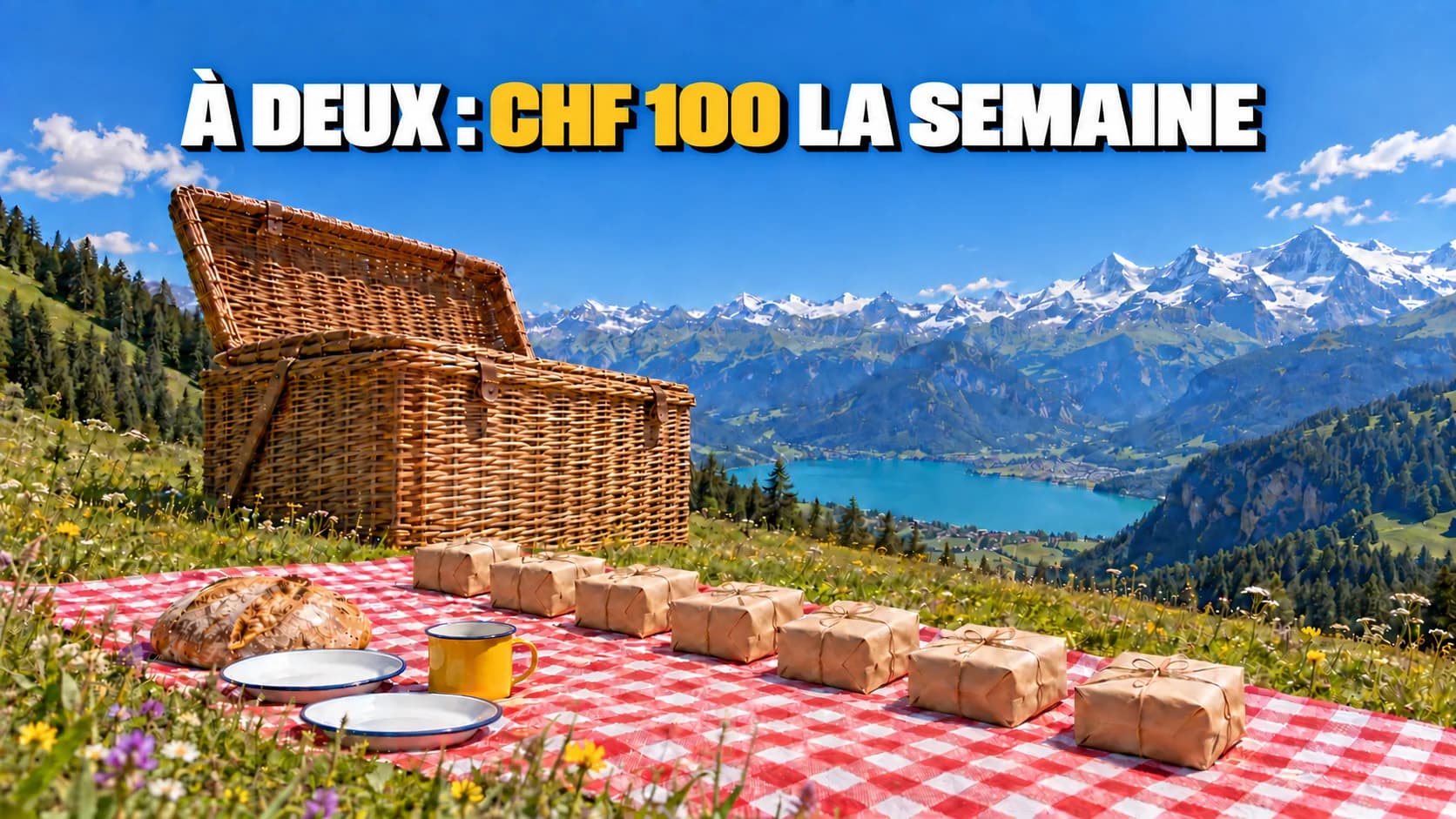 Panier de pique-nique géant dans un pré alpin, devant lui une nappe à carreaux portant sept petits paquets alignés.