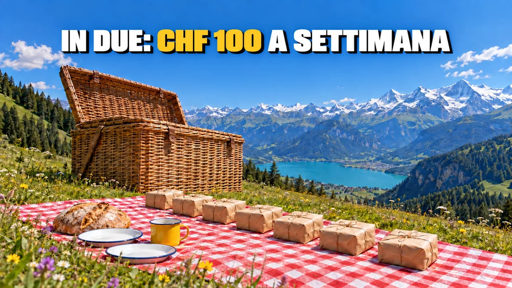 Cesto da picnic gigante in un prato alpino, davanti un telo a quadri con sette piccoli pacchetti allineati.