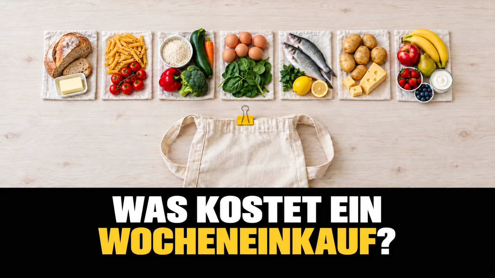 Aufnahme von oben: sieben Gruppen Lebensmittel in einer Reihe wie die Tage einer Woche, dazu eine Stofftasche