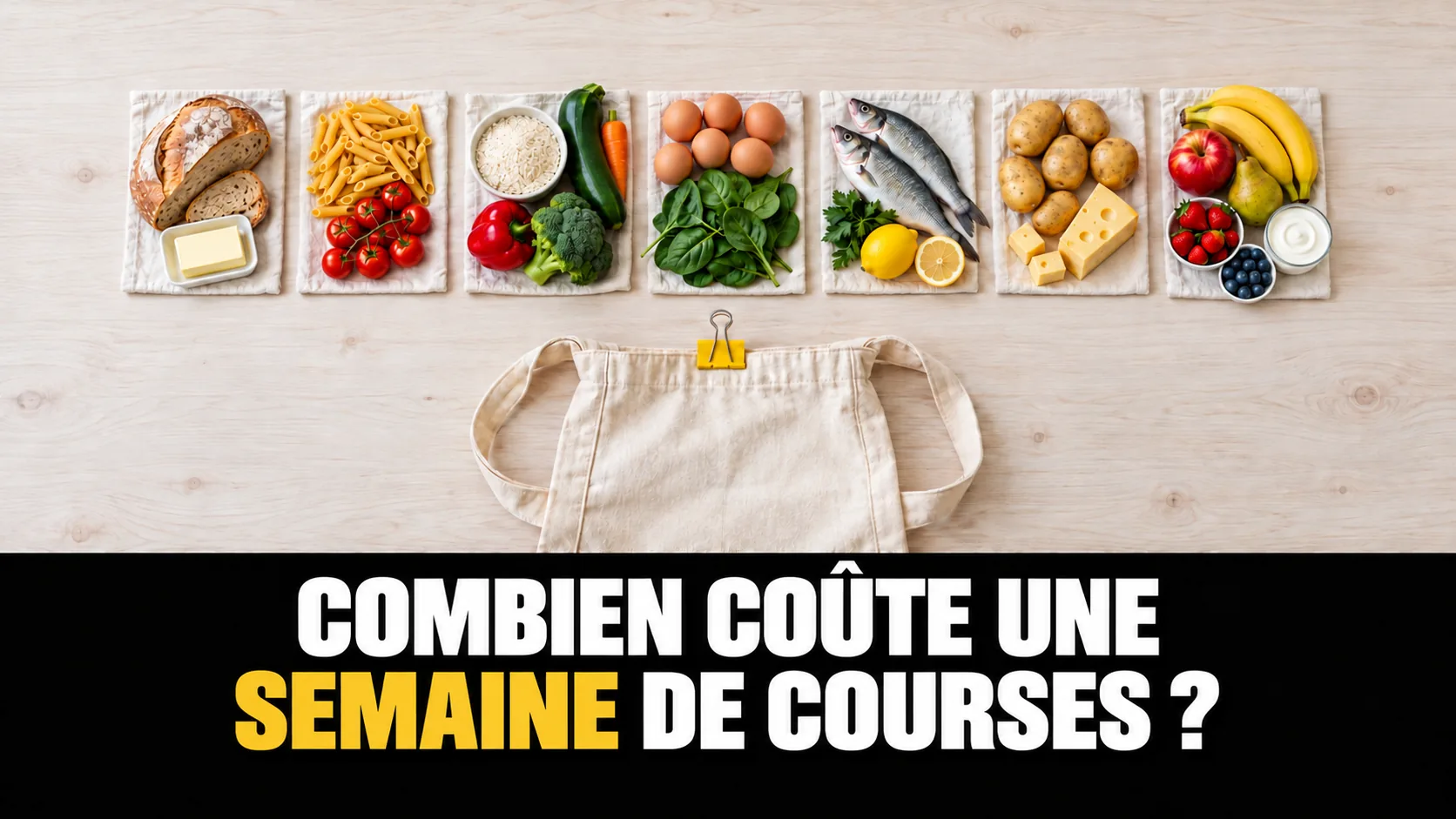 Vue de dessus de sept groupes d’aliments alignés comme les jours d’une semaine, avec un sac en tissu