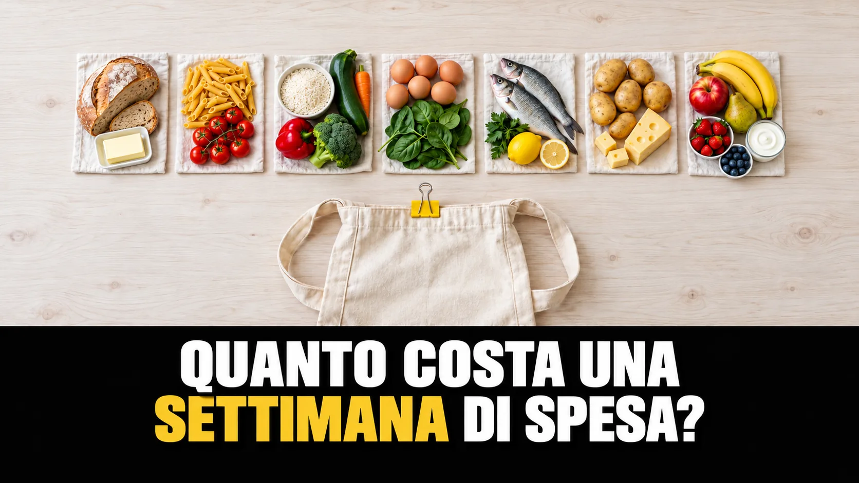 Foto dall’alto di sette gruppi di alimenti in fila come i giorni di una settimana, con una borsa di tela