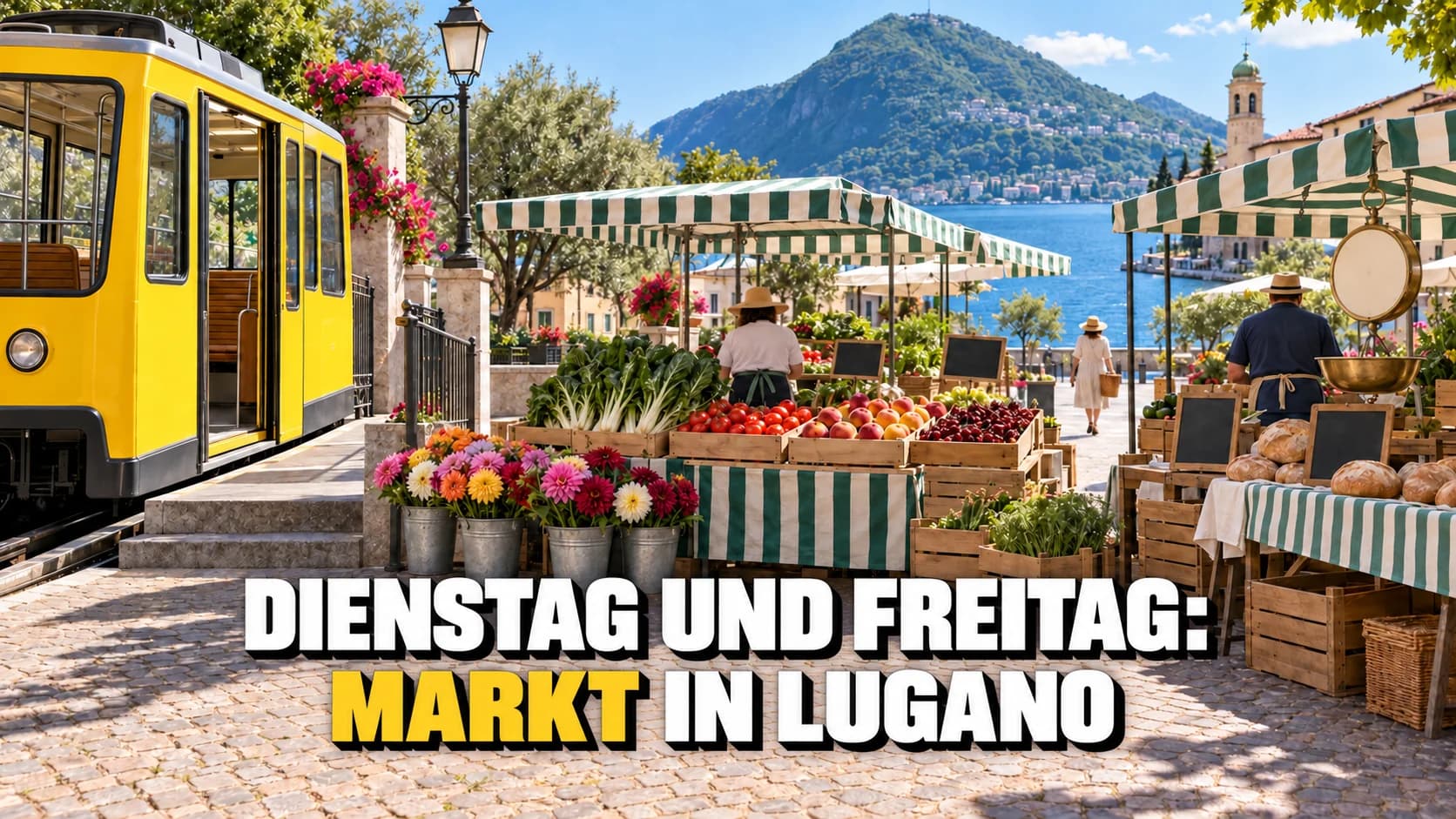 Marktplatz mit gestreiften Sonnendächern und Obstkisten, daneben die Station einer kleinen gelben Standseilbahn
