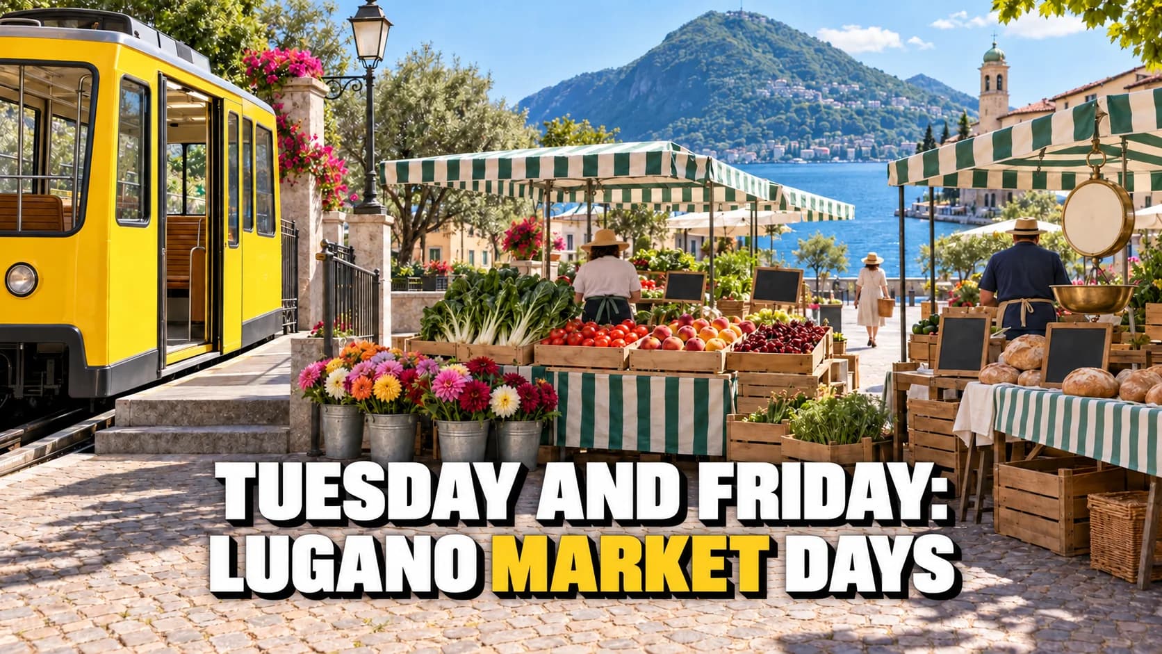 A market square with striped awnings and fruit crates beside the station of a small yellow funicular