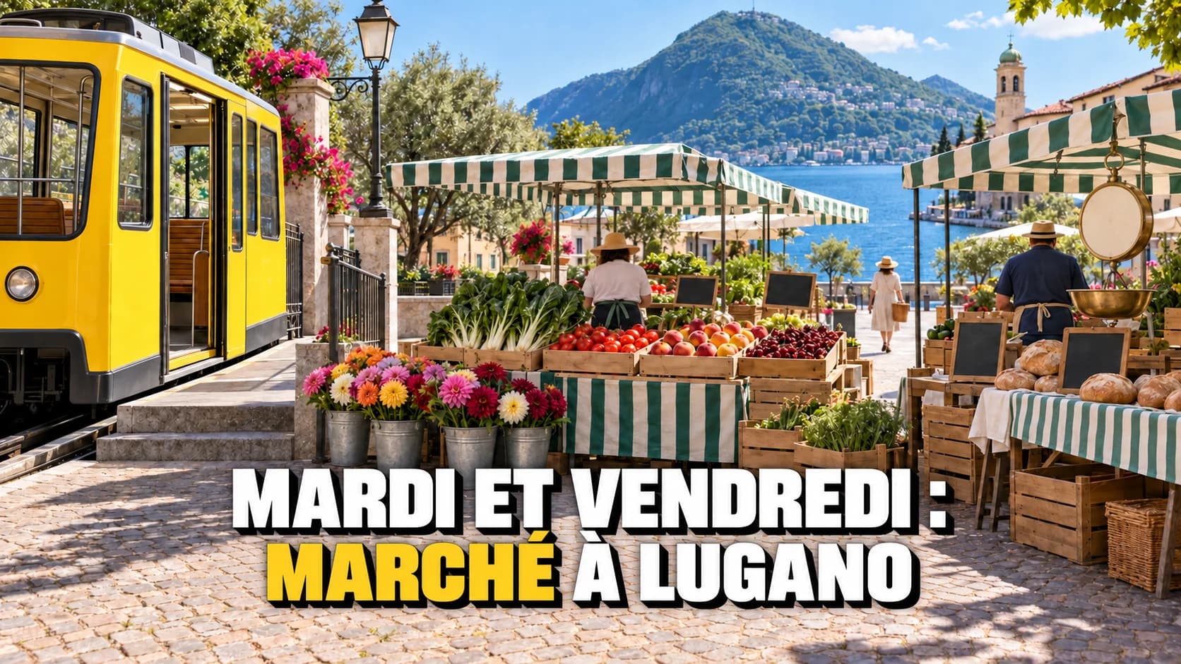 Marché sur la place, bâches rayées et caisses de fruits, à côté de la station d’un petit funiculaire jaune