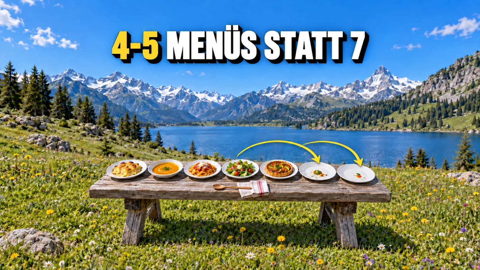 Fünf volle Teller und zwei mit Resten auf einem Tisch vor einem Alpensee.