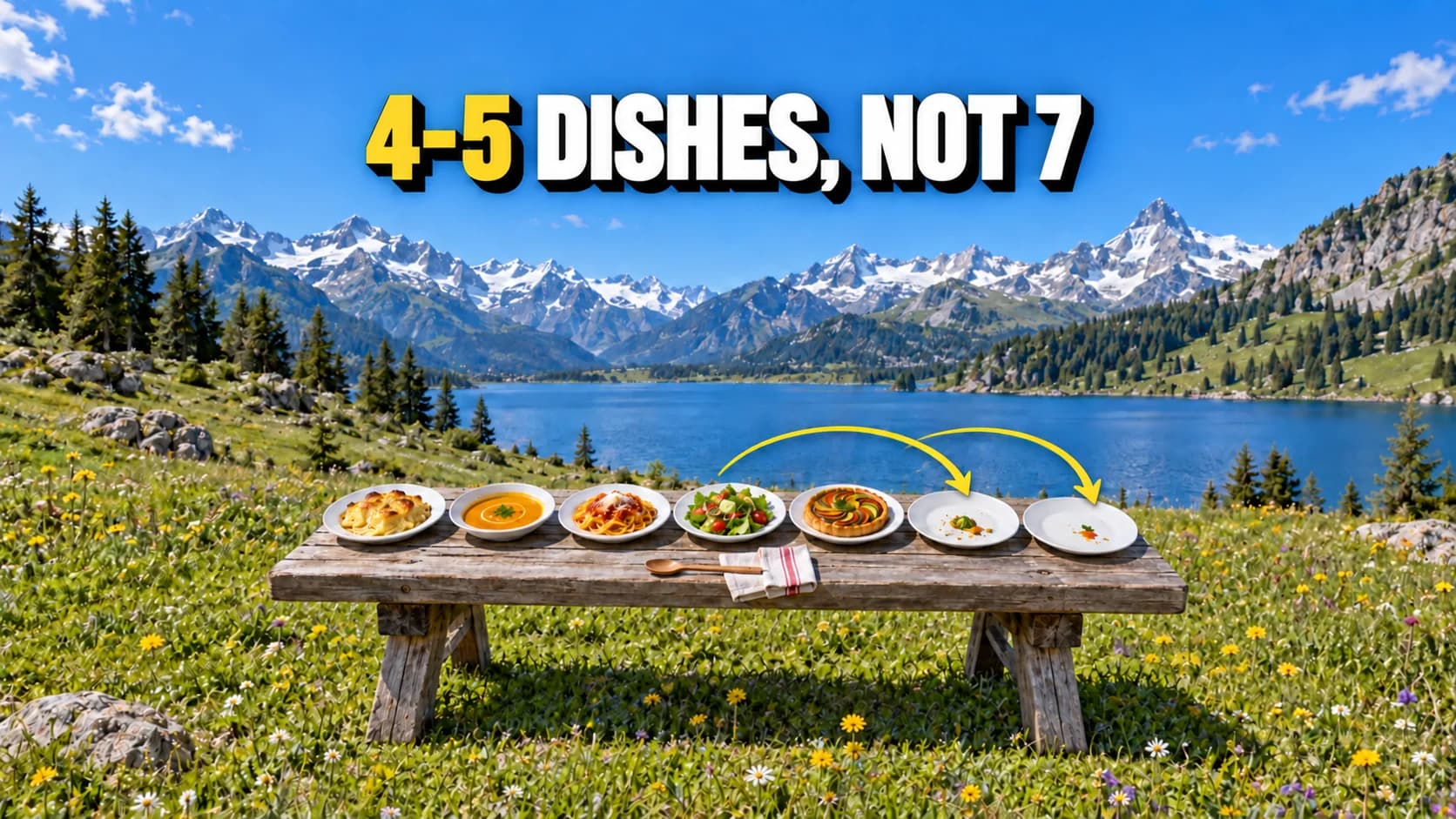 Five full plates and two with leftovers on a table beside an Alpine lake.