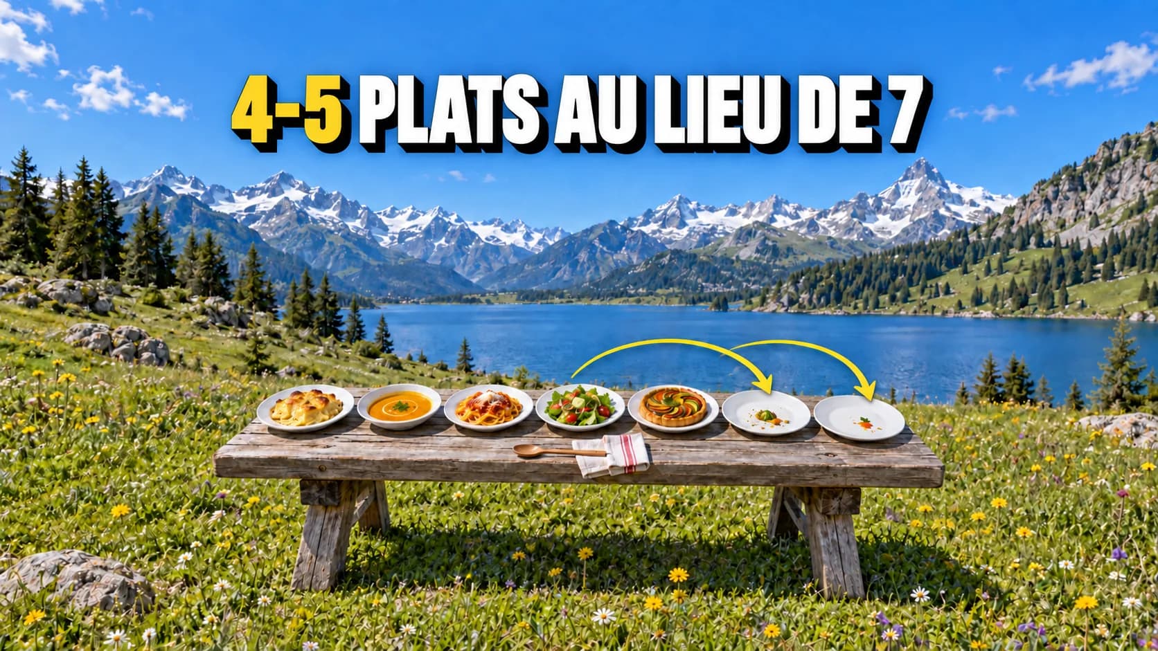 Cinq assiettes pleines et deux avec des restes sur une table devant un lac alpin.