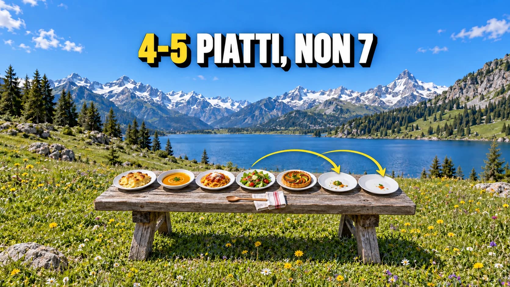Cinque piatti pieni e due con avanzi su un tavolo davanti a un lago alpino.