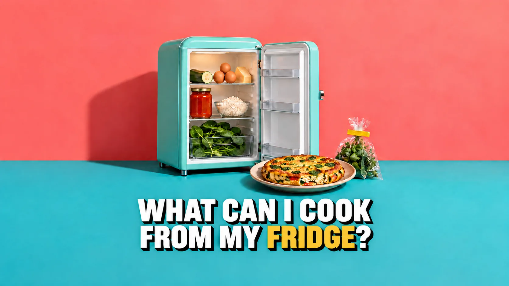 Small open fridge with leftovers and a finished frittata on a plate in front of it