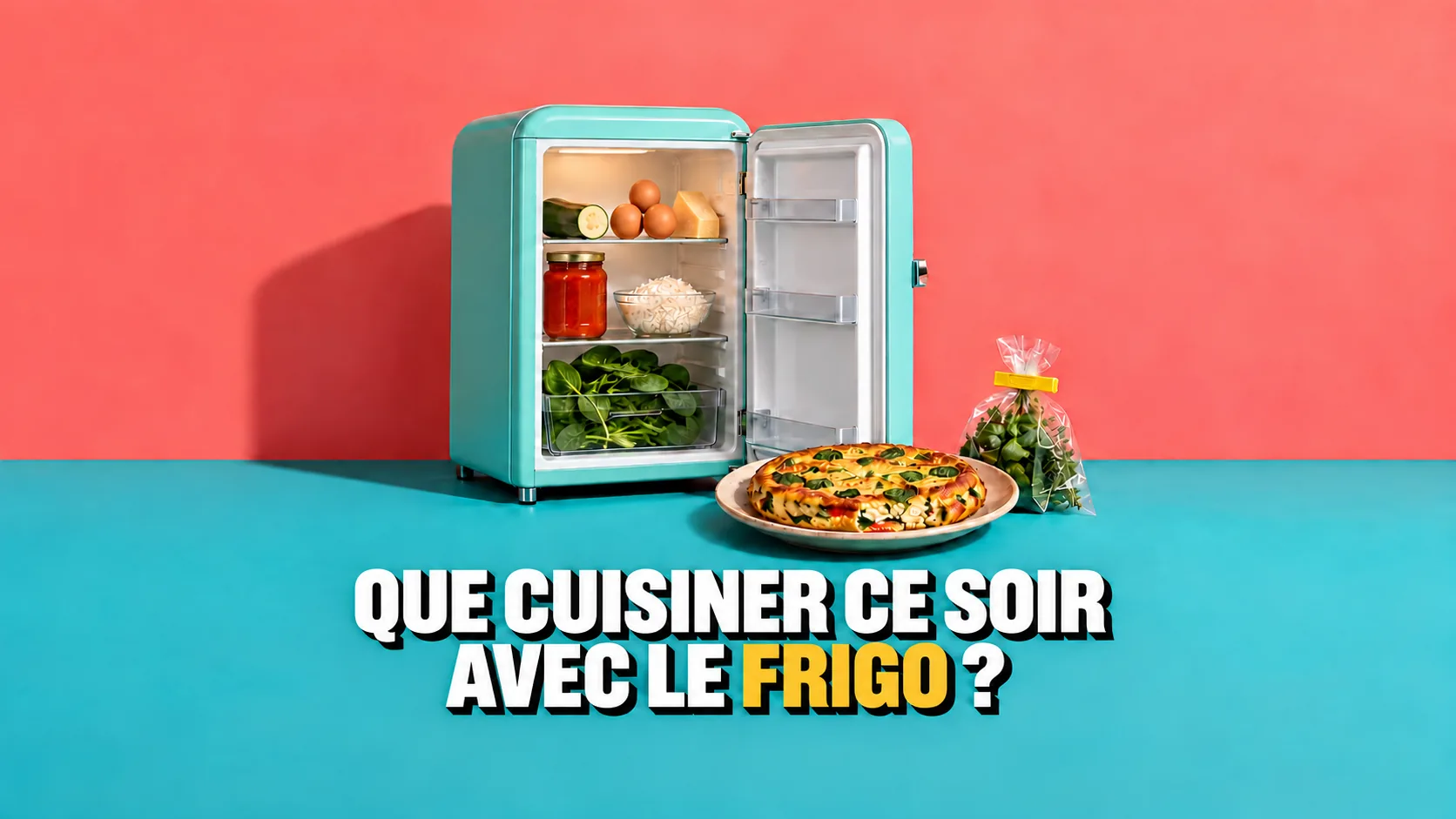 Petit frigo ouvert avec des restes et devant une frittata déjà prête dans l’assiette