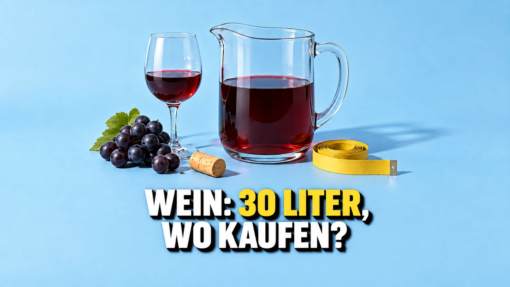 Weinkrug und Glas mit Trauben, Korken und gelbem Massband ohne Zahlen.