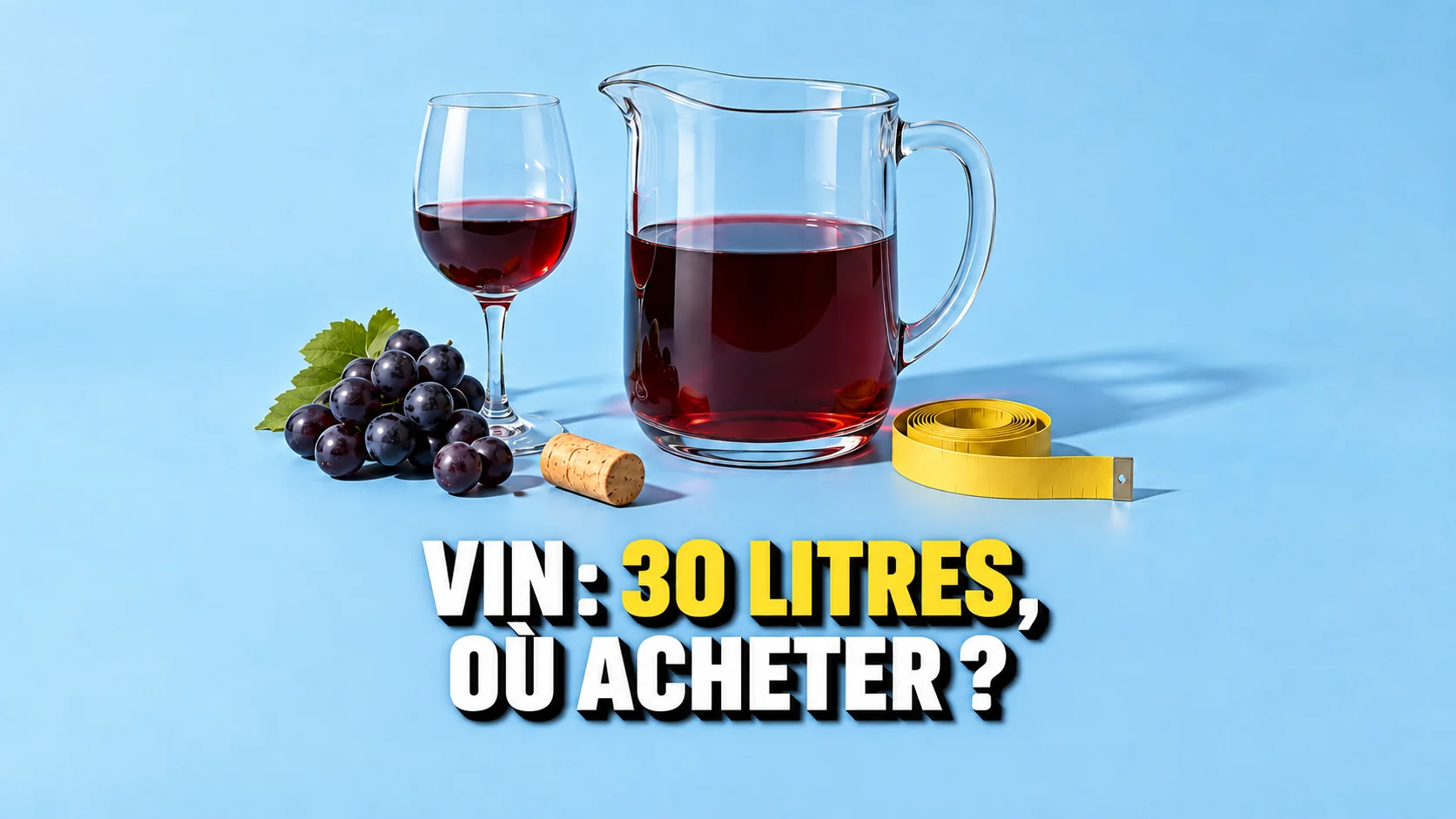 Carafe et verre de vin avec raisin, bouchon et mètre jaune sans chiffres.