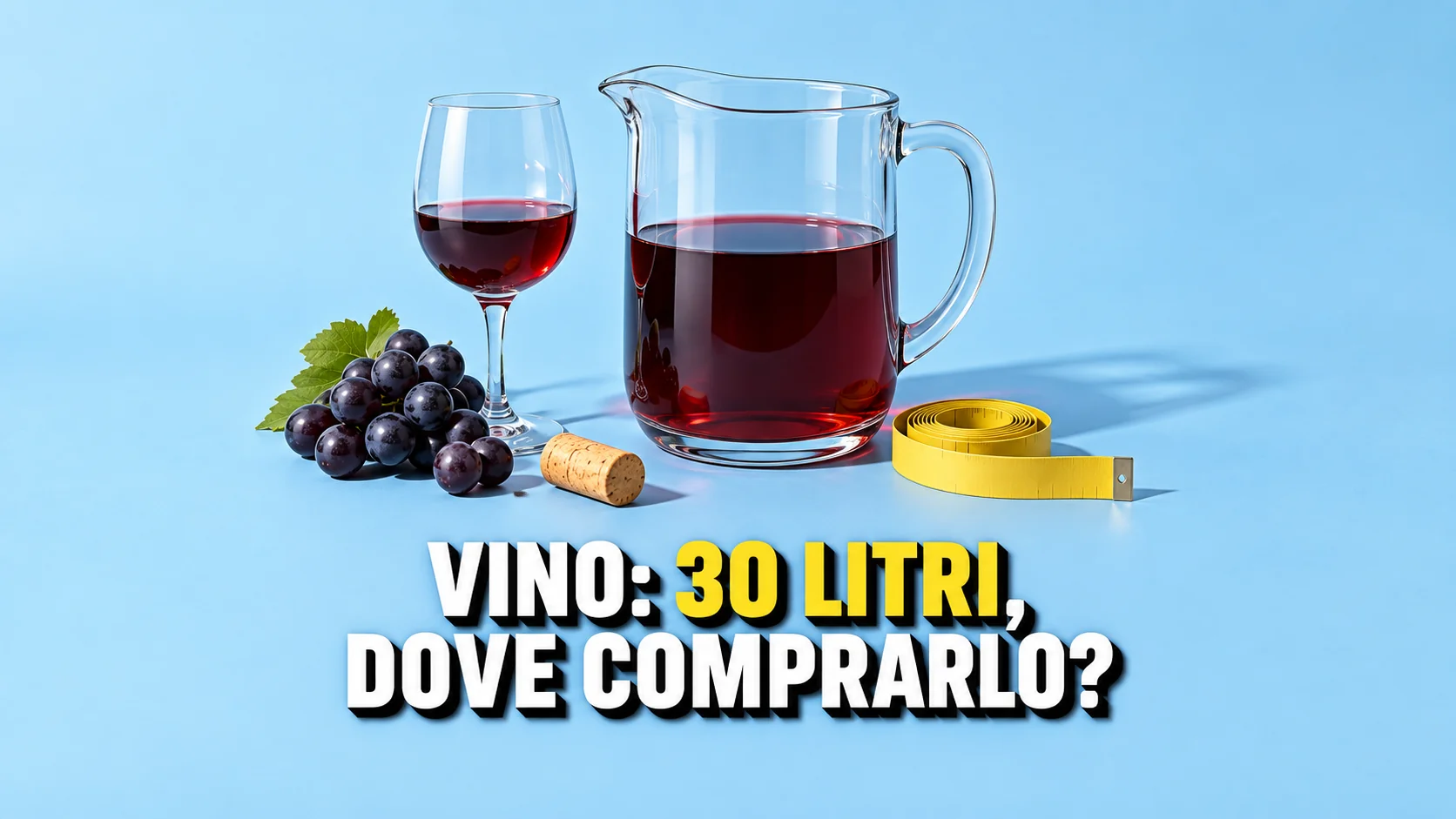 Brocca e bicchiere di vino con uva, tappo e metro giallo senza numeri.