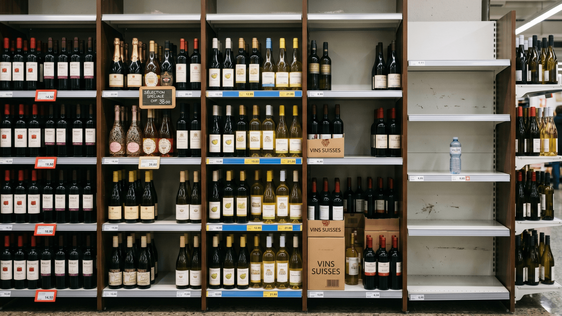 Swiss wine shelves at Denner, Coop Mondovino, Lidl, Aligro and Otto's side by side