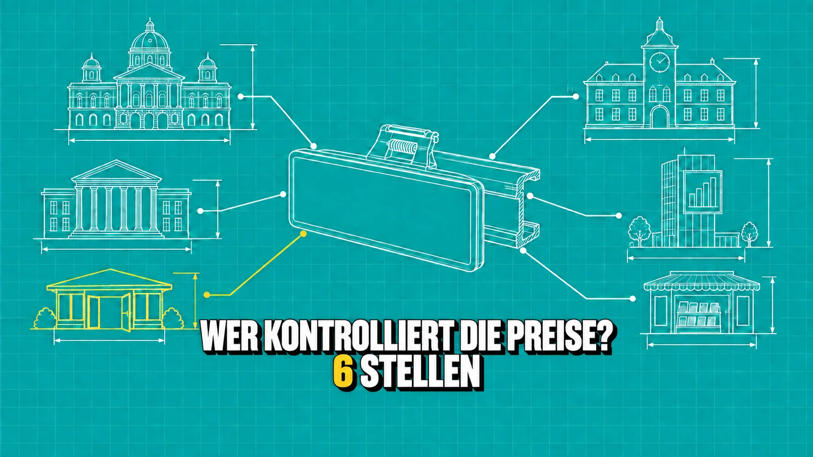 Technische Zeichnung eines leeren Preisschilds, verbunden mit sechs öffentlichen Gebäuden.