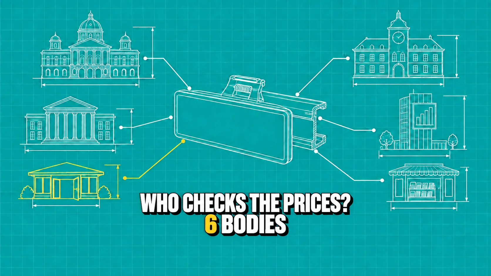 Technical drawing of a blank shelf label linked to six public buildings.