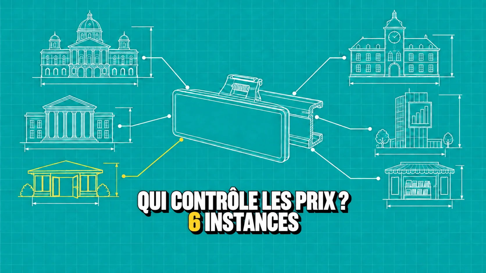 Dessin technique d’une étiquette vierge reliée à six bâtiments publics.