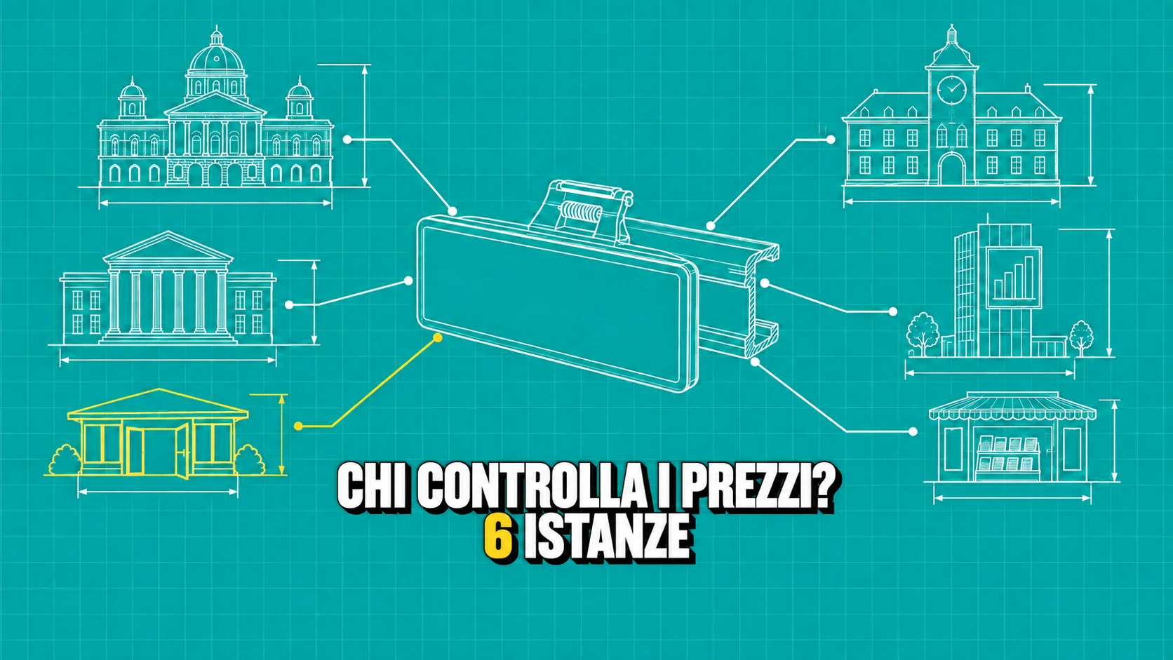 Disegno tecnico bianco su fondo turchese: un’etichetta da scaffale vuota al centro e sei linee di richiamo verso sei edifici pubblici disegnati in prospetto