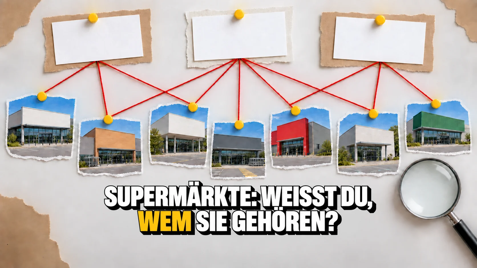 Sieben Ladenbilder mit leeren Schildern sind durch rote Schnüre mit drei Karten verbunden.