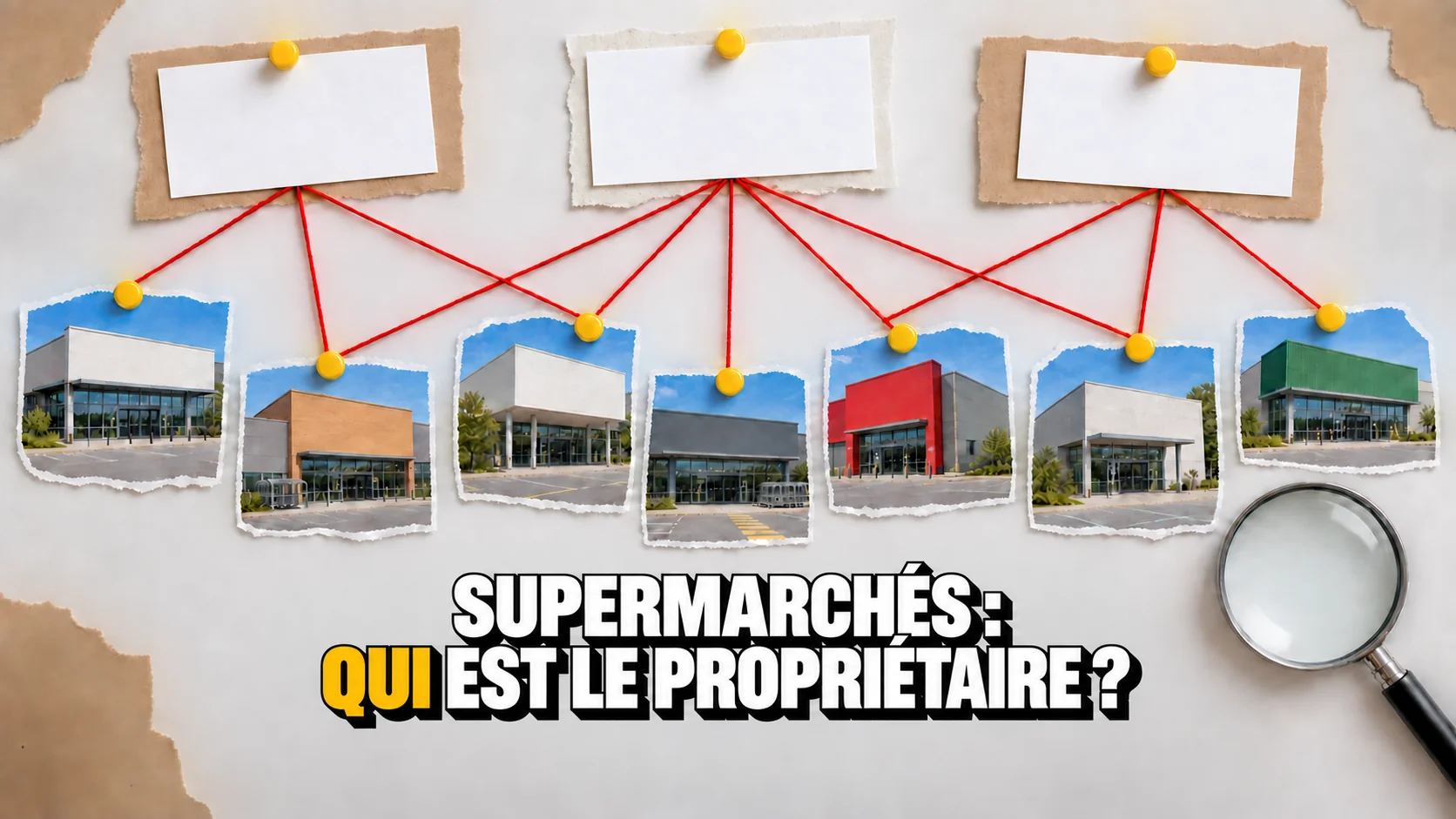 Sept images de magasins aux enseignes vierges sont reliées par des fils rouges à trois fiches.