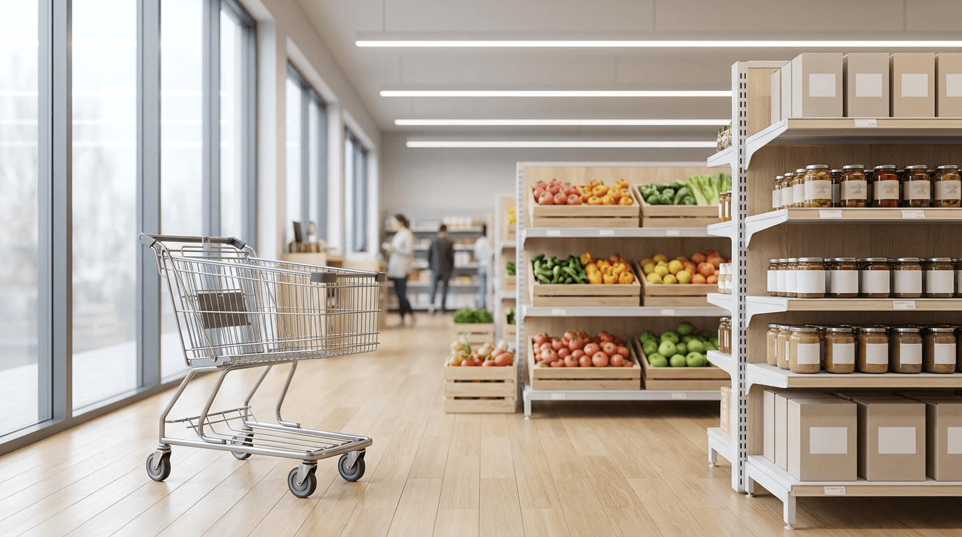A bright, modern Swiss supermarket aisle with neatly stocked shelves and a shopping cart, illustrating why groceries are expensive in Switzerland