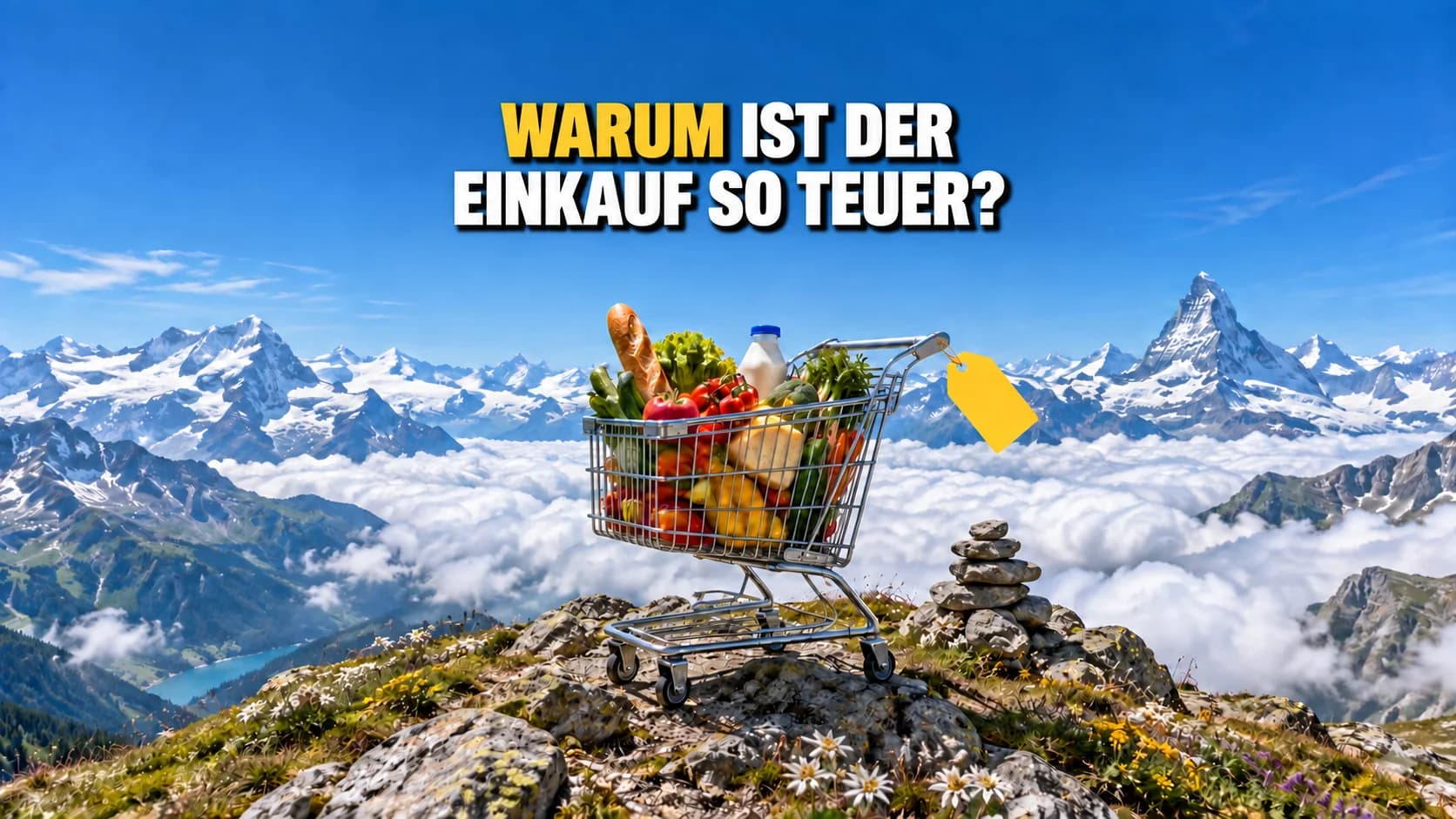 Gefüllter Einkaufswagen auf einem Alpengipfel über den Wolken.