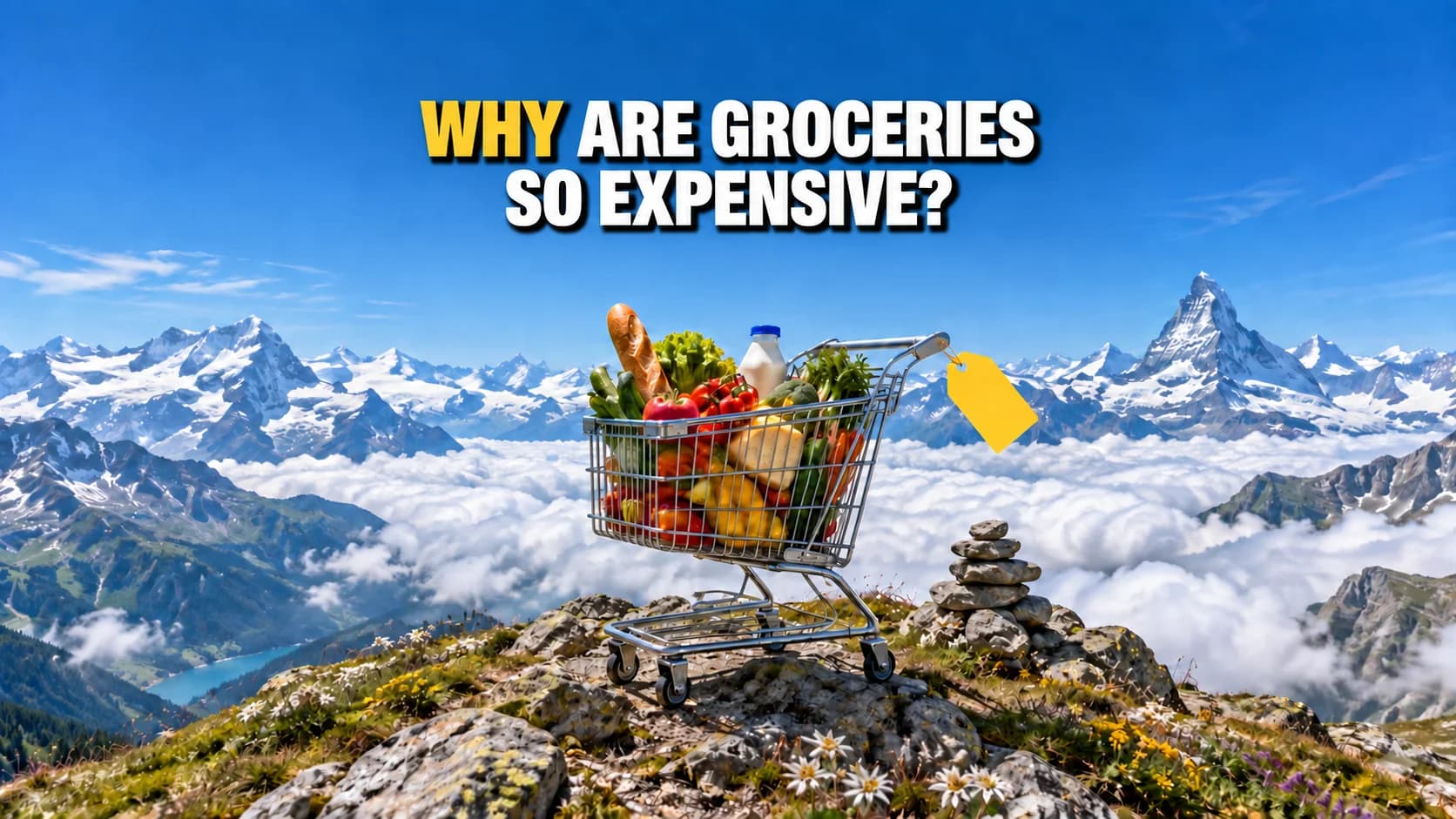 A full grocery trolley on an Alpine peak above the clouds.