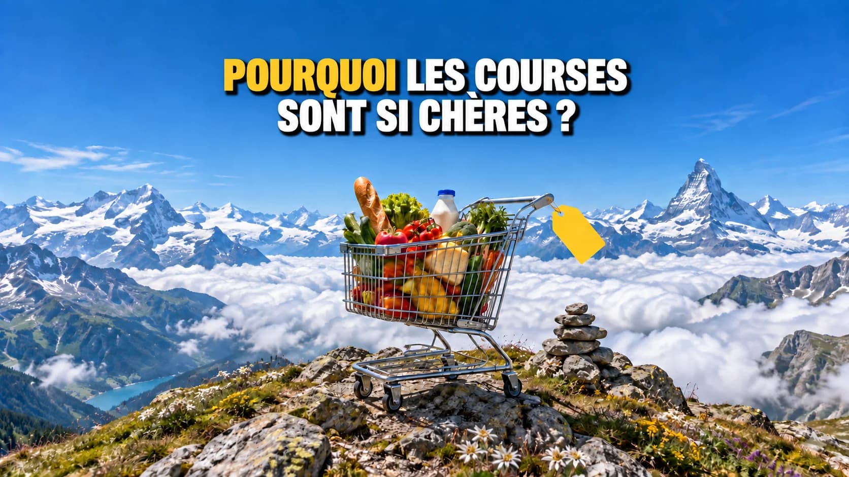 Chariot rempli de provisions sur un sommet alpin au-dessus des nuages.