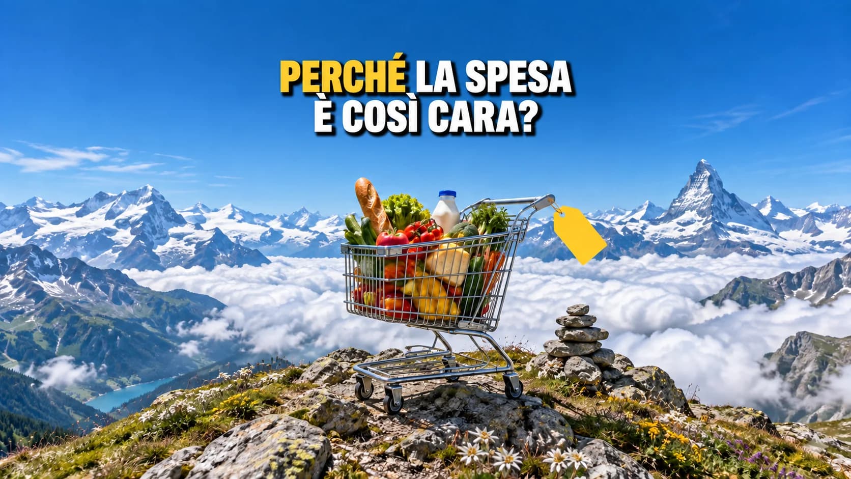 Carrello pieno di alimenti su una cima alpina sopra le nuvole.
