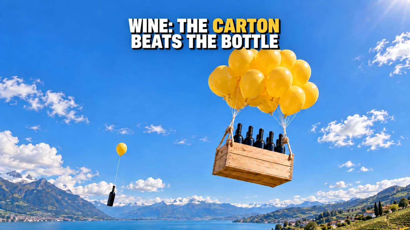 Six bottles in a balloon-lifted crate with a lone bottle hanging below.