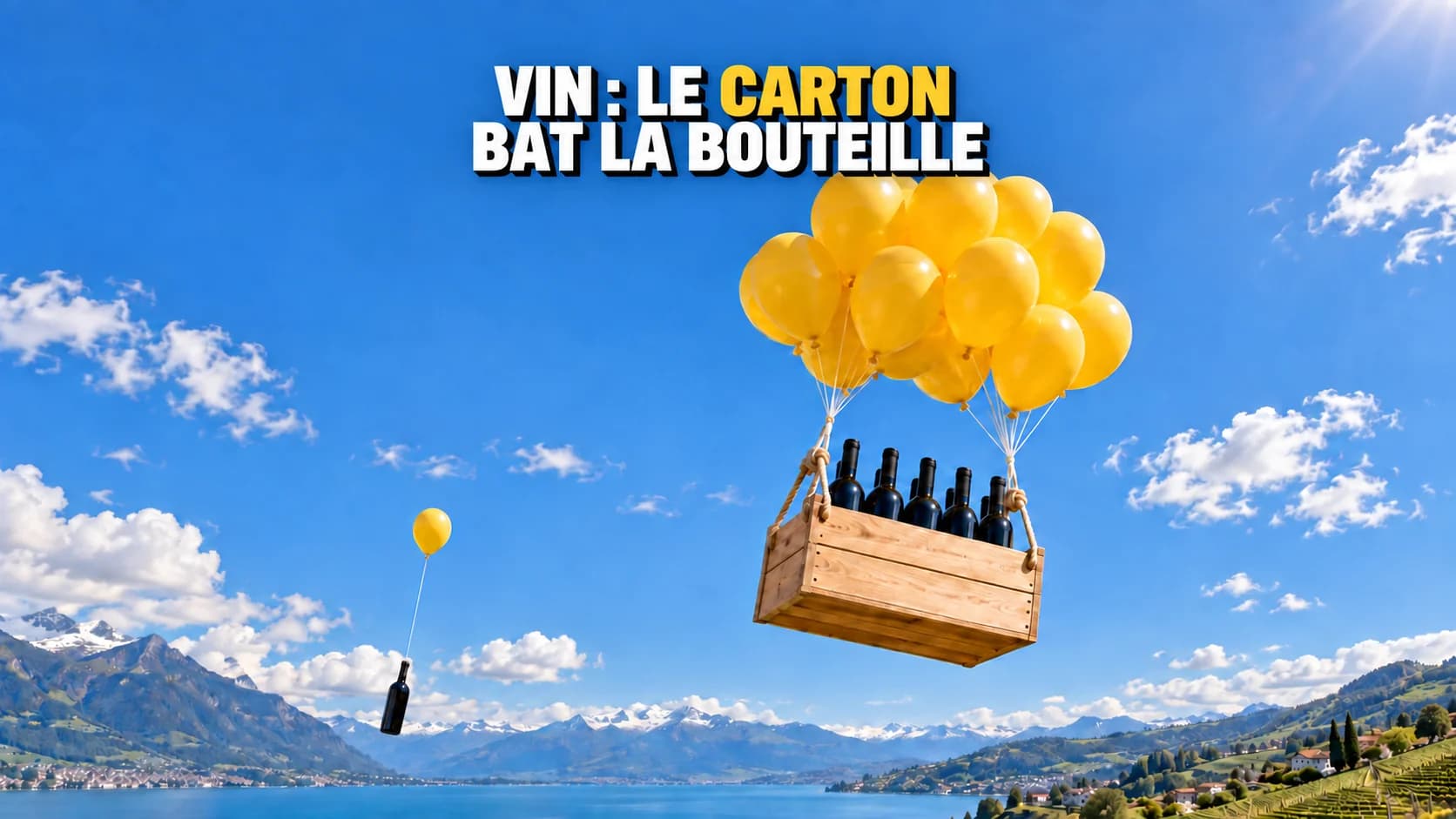 Six bouteilles dans une caisse soulevée par des ballons, avec une bouteille plus bas.