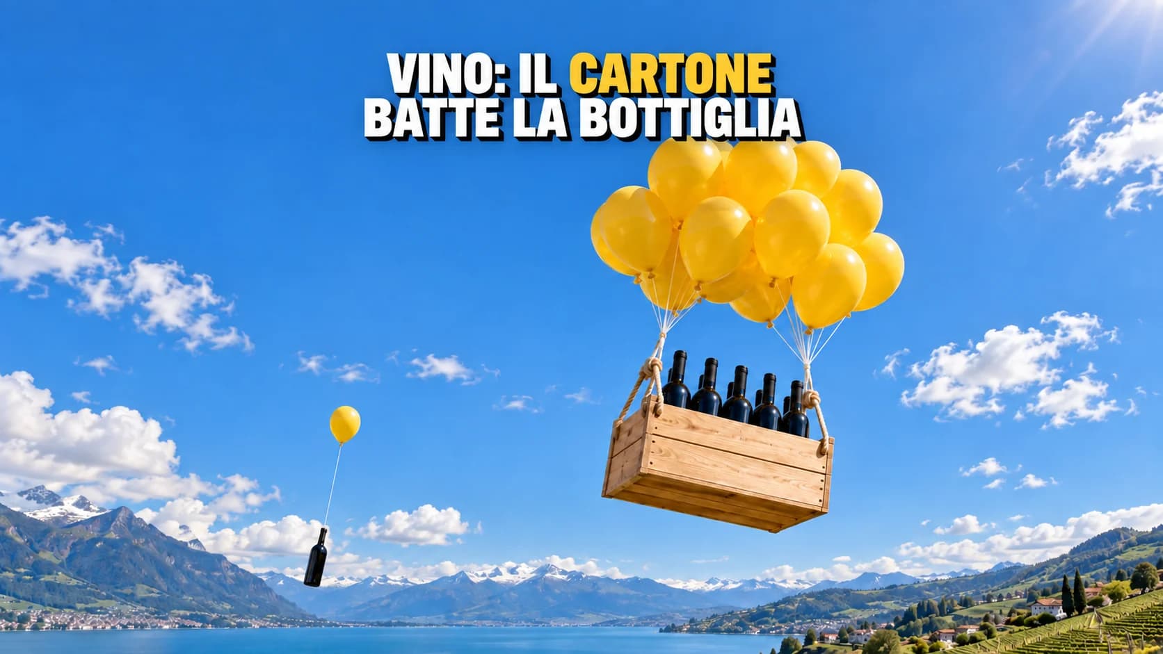 Sei bottiglie in una cassa sollevata da palloncini e una bottiglia più in basso.