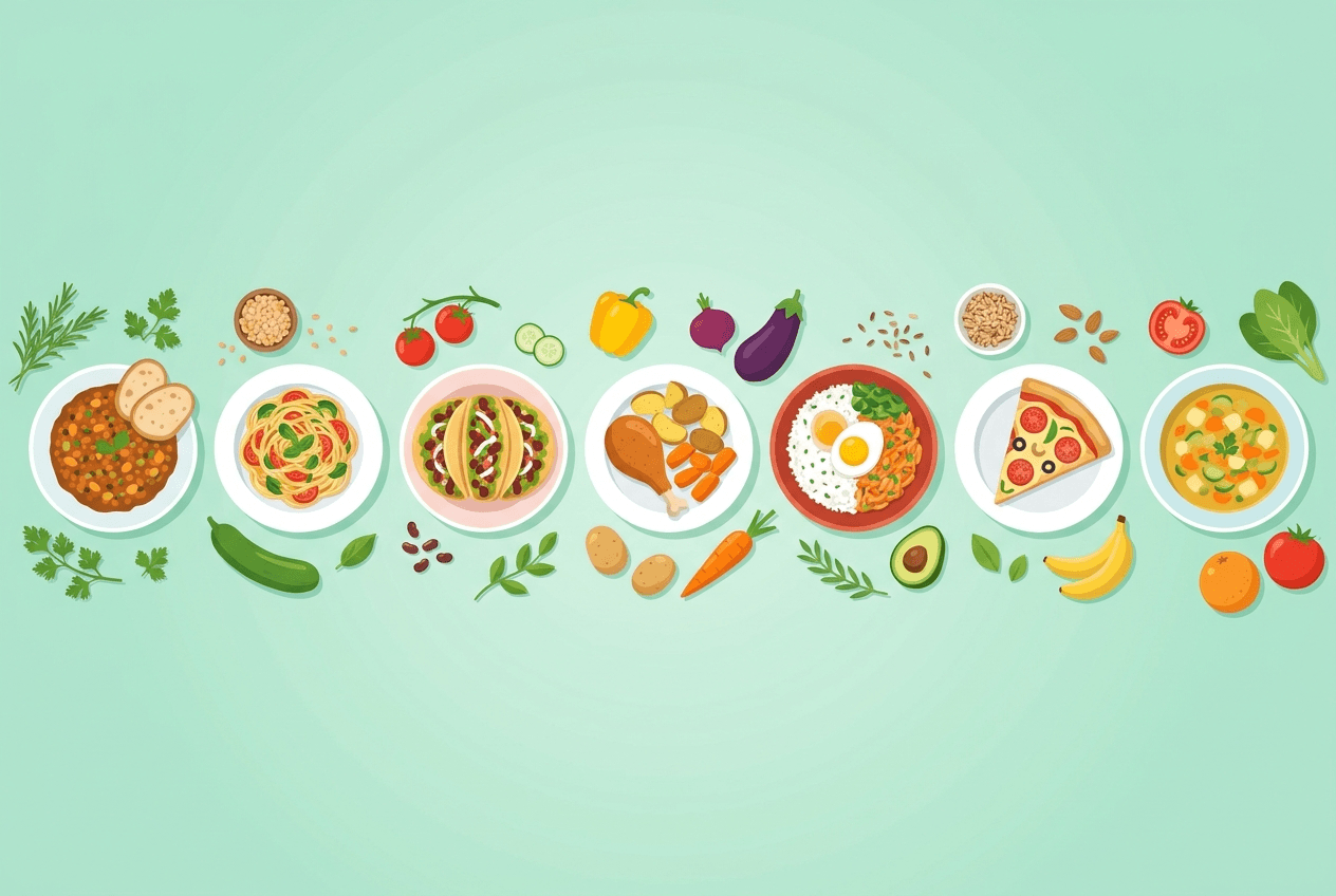 Menu settimanale con sette cene economiche su un tavolo di legno – pasta, lenticchie, uova e verdura di stagione, pianificate attorno alle offerte.