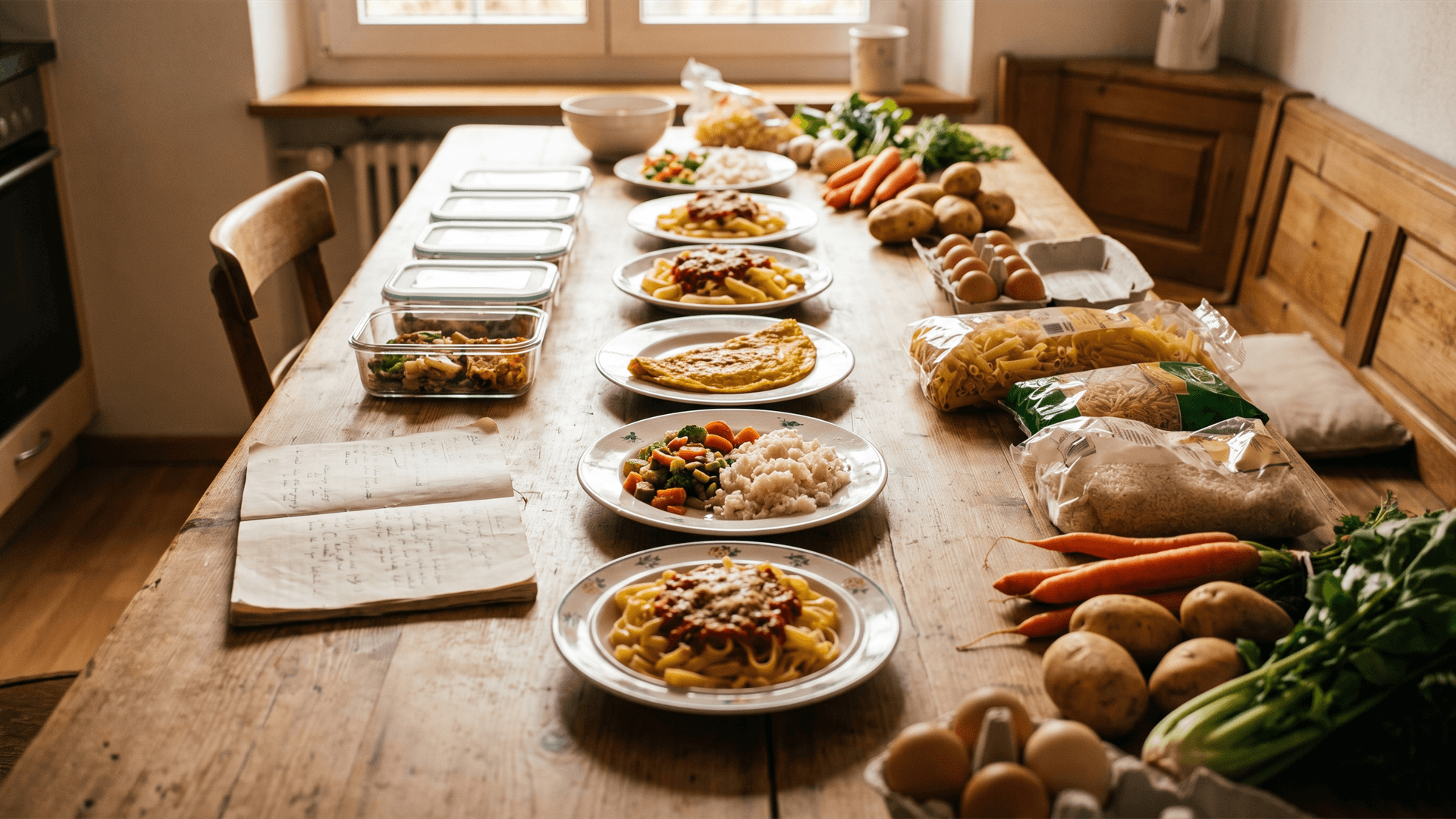 Weekly menu of seven budget dinners on a wooden table – pasta, lentils, eggs and seasonal vegetables, planned around this week's deals.