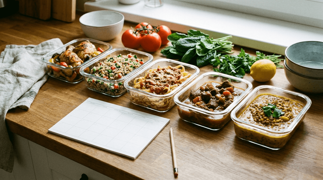 Rangée de menus maison en bocaux avec des ingrédients frais et un planificateur hebdomadaire vierge: menu de la semaine pas cher, avec recettes adaptées et le panier le moins cher dans Rappn.