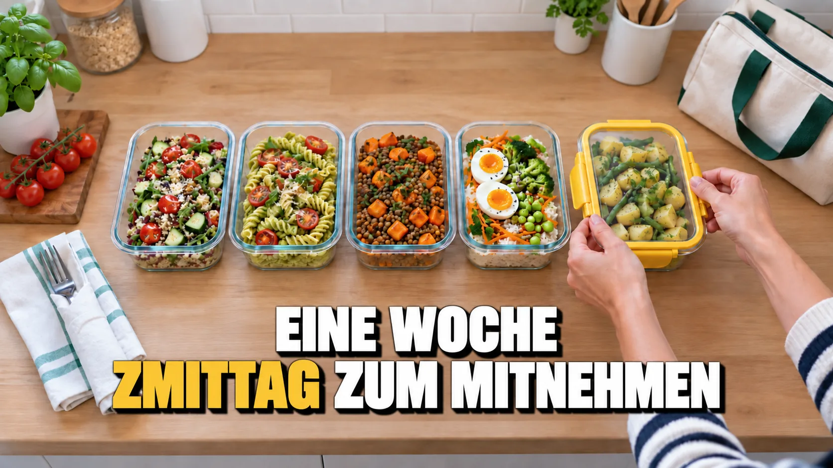 Hände schliessen den letzten von fünf Lunchboxen, die auf der Küchenablage aufgereiht sind