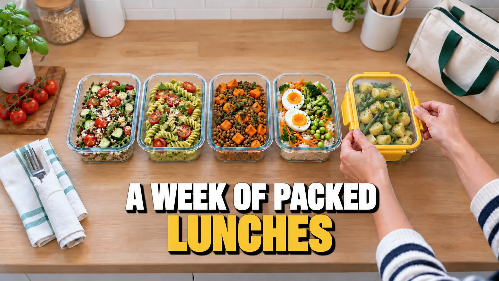 Hands closing the last of five lunch containers lined up on a kitchen counter