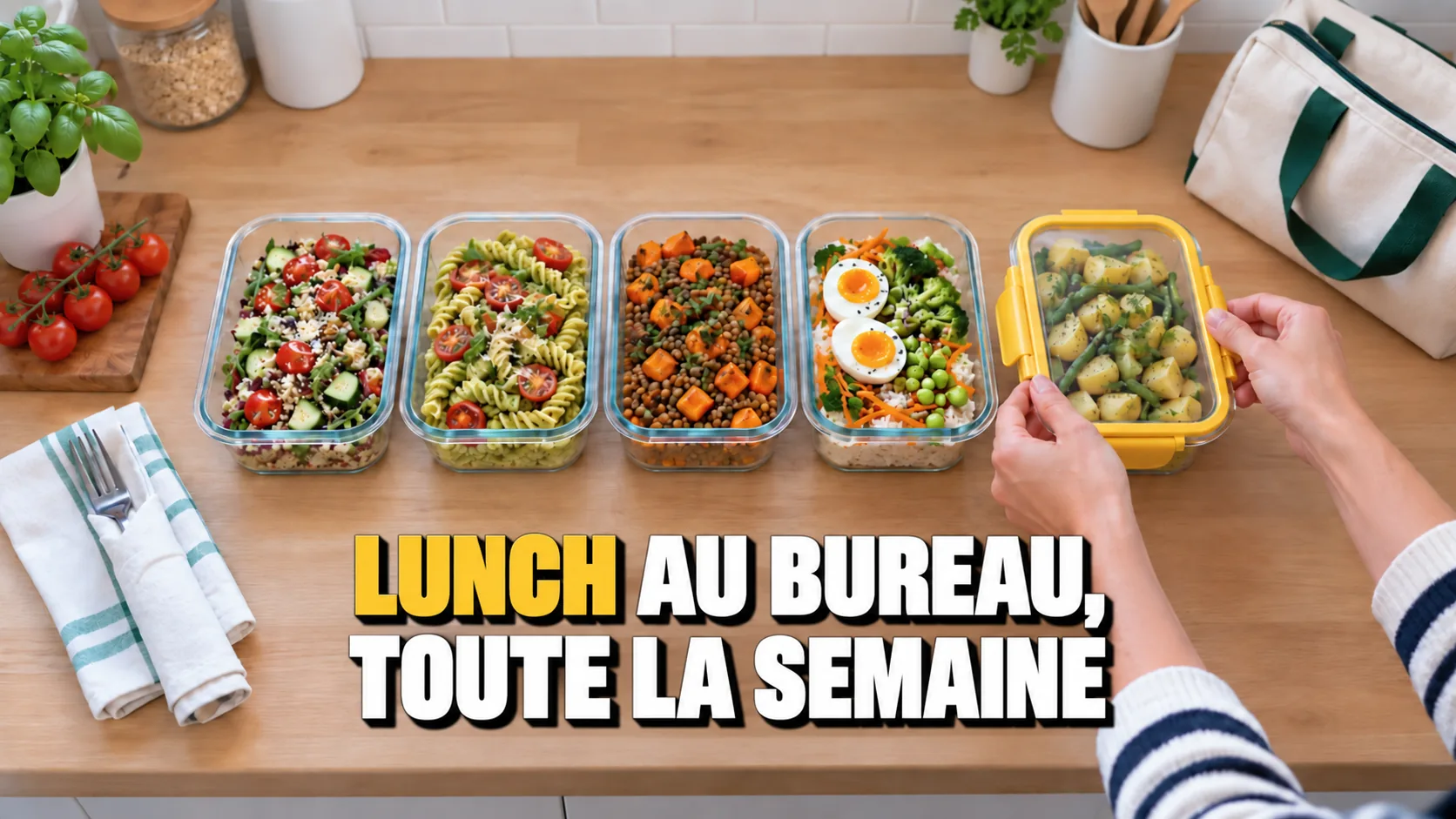Des mains ferment la dernière de cinq boîtes à lunch alignées sur le plan de travail