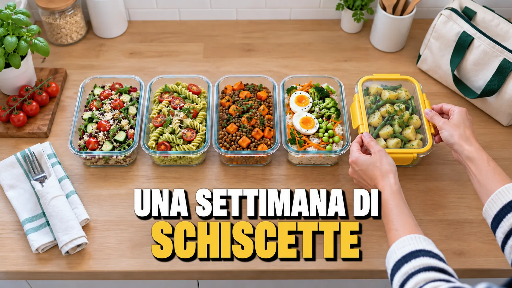 Mani chiudono l’ultimo di cinque contenitori per il pranzo in fila sul piano di lavoro